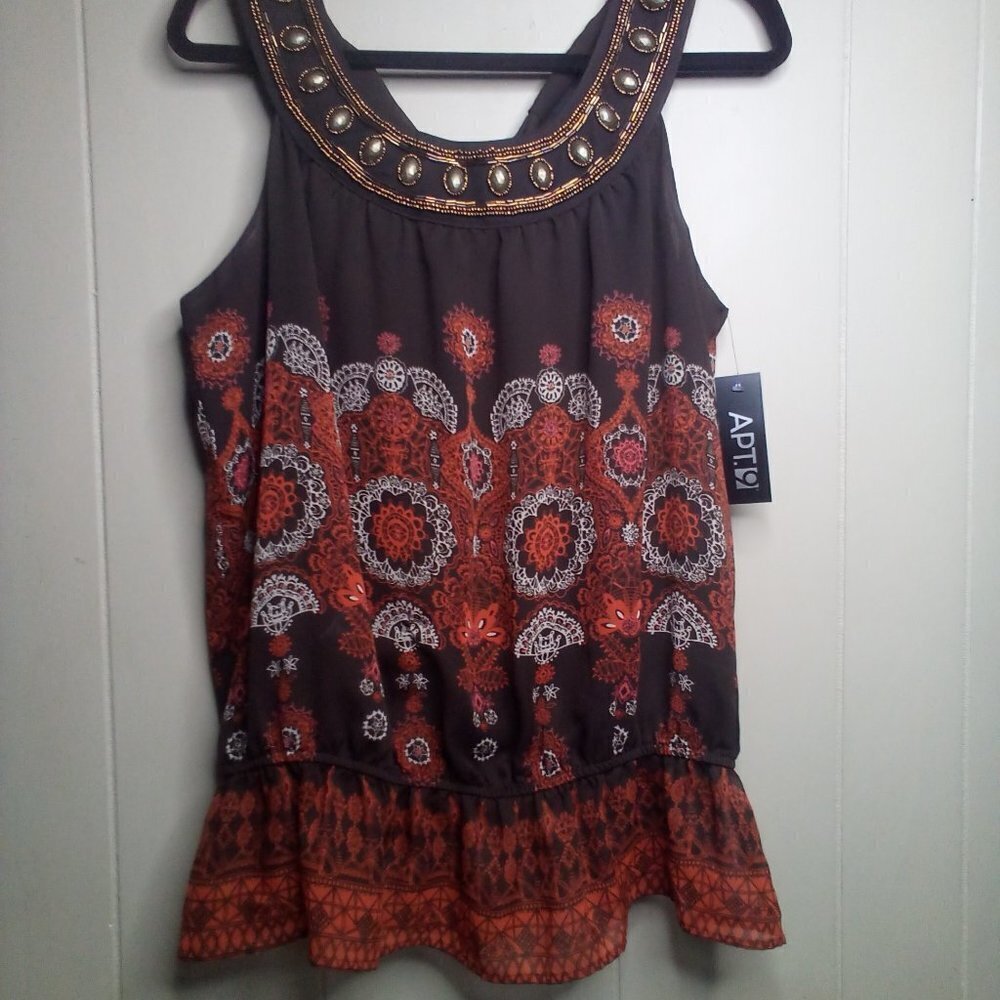 Apt. 9 Blouse L Sleeveless Beaded Ruffle Brown Orange - Picture 13 of 14